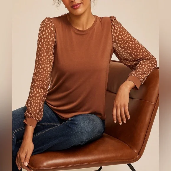 Maurices Printed Mesh Puff Sleeves Top Brown Large NWT - Picture 1 of 9